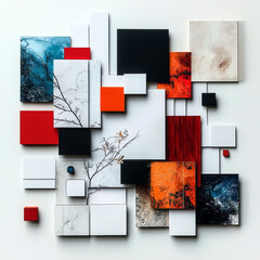Aufkleber - A collage of squares and rectangles with a tree in the middle. Scene is abstract and colorful