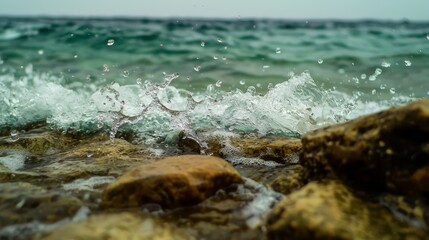 Wall Mural -  A tight shot of a rock submerged in water, with droplets spraying, accompanied by a foreground of jutting rocks in a body of water