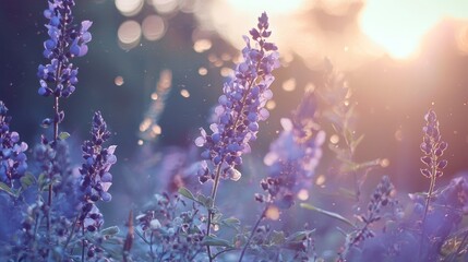  A field of purple flowers with the sun shining behind trees