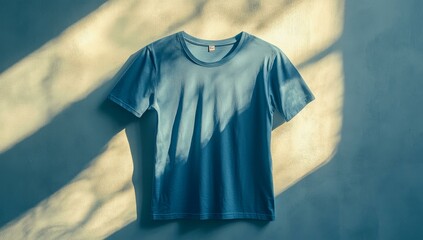 Wall Mural - Blue t-shirt hanging against textured wall.