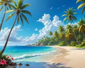 An exotic island paradise with clear blue water, sandy white beaches, swaying palm trees, vibrant tropical flowers, and a clear blue sky, fantasy art 