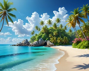 Wall Mural - An exotic island paradise with clear blue water, sandy white beaches, swaying palm trees, vibrant tropical flowers, and a clear blue sky, fantasy art 