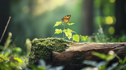 Wall Mural -  A butterfly atop a green-leafed tree stump in a lush forest, teeming with numerous green leaves