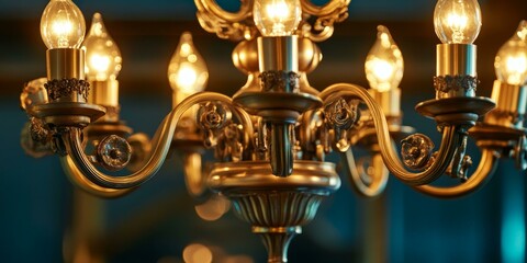 Canvas Print - Golden ornate chandelier with glowing bulbs.