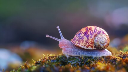 Wall Mural -  A tight shot of a snail atop mossy terrain with a softly blurred background