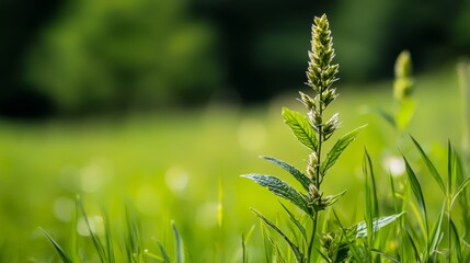  A tight shot of a plant, surrounded by grass in the foreground, and trees in the distance