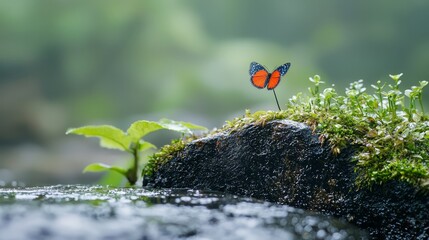  A tiny orange-blue butterfly sits atop a mossy rock by a quiet water body