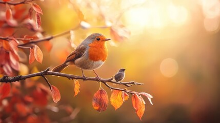  Two birds perch on adjacent tree branches, one adorned with red leaves, the other with yellow