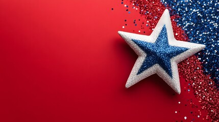 Red  White  and Blue Star with Glitter on Red Background