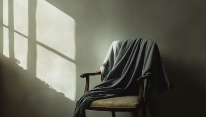 Poster - A chair draped in fabric with sunlight streaming through a