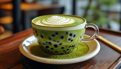 Wall Mural - Intricate Latte Art atop a Close-Up Glass of Refreshing Matcha Green Tea Beverage