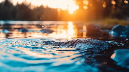  The sun sets over a water body, dotted with icebergs in the foreground and trees in the backdrop