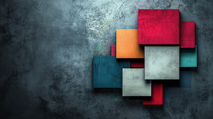 Aufkleber - A wall with a colorful design made of squares. The squares are of different colors and sizes. The wall is made of concrete and has a grayish tone