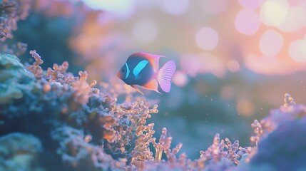  A tight shot of a fish hovering over corals, with various coral structures in the background The sky is softly blurred behind