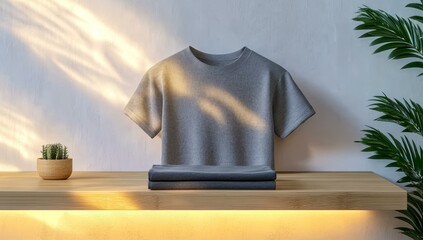 Poster - Striped grey shirt on wooden shelf with plant.