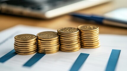 Wall Mural - A stack of gold coins on top of a piece of paper with a graph