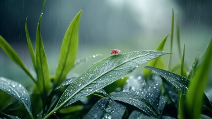 Wall Mural -  A ladybug perches atop a rain-soaked green leaf, dotted with water droplets during a rainy day