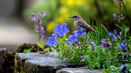  A bird perches on a rock, encircled by purple flowers in the foreground Green grass lies nearby The background softly blends with yellow and purple flowers