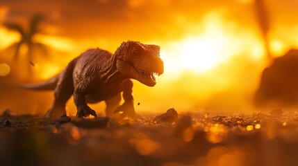 Wall Mural -  A close-up of a toy dinosaur in a field during sunset