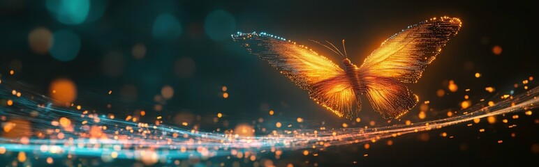 Poster - Digital Butterfly With Flowing Orange Lights Amidst Intricate Binary Code in a Minimalist Style