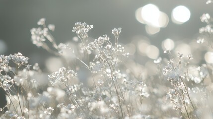 Wall Mural -  A tight shot of numerous blooms, adorned with sunlight-reflecting water droplets, against a radiant sunlit backdrop