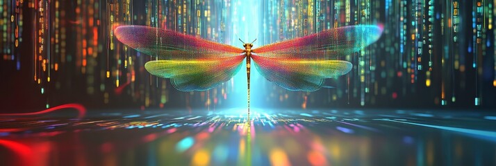 Poster - A Dragonfly Rises Amid Flowing Neon Lights and Digital Binary Code in a Minimalist Setting