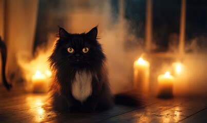 Wall Mural - A fluffy black cat near glowing candle