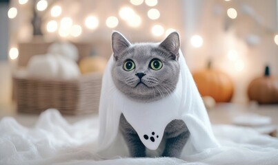 Wall Mural - A gray cat with bright green eyes, wearing a small ghost costume