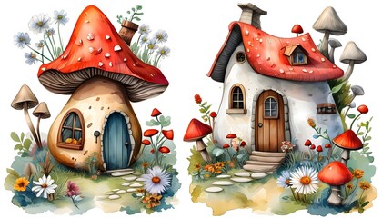 whimsical watercolor cartoon village of fairytale mushroom houses with blooming flowers on a pristine white background