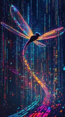 Poster - Dragonfly Floating Amidst Vibrant Digital Binary Code and Colorful Neon Lights