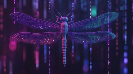 Poster - Colorful Dragonfly Soaring Through Digital Binary Code in a Minimalist Aesthetic Environment