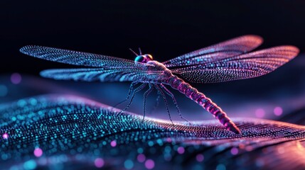Poster - Digital Dragonfly Soaring Amidst Flowing Pastel Lights With Binary Code in Minimalist Style
