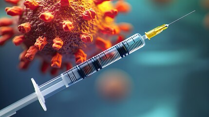 A syringe with a needle is in front of a red and orange virus