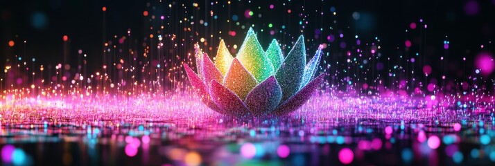 Poster - Lotus Flower Illuminated by Vibrant Rainbow Lights With Digital Binary Code in Minimalist Design