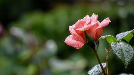  A tight shot of a rosy pink bloom dotted with water beads on its petals against a verdant backdrop of green foliage