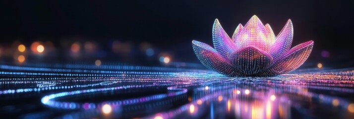 Poster - Vibrant Digital Lotus Illuminated by Colorful Binary Code in a Minimalist Setting