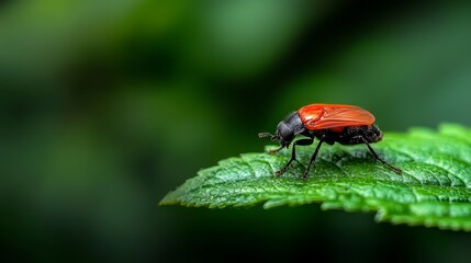  A red and black insect in sharp focus on a green leaf Background lightly blurred