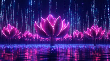 Poster - Colorful Neon-Lit Lotus Flowers Rise Amidst Digital Binary Code in a Minimalist Aesthetic Setting