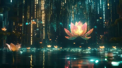 Poster - Glowing Lotus Blooms Amidst Swirling Digital Binary Code in a Neon-Lit Minimalist Environment