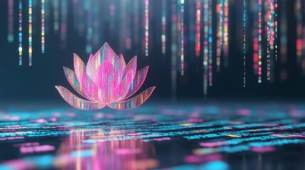 Poster - Colorful Lotus Illuminated by Digital Binary Code in a Minimalist Aesthetic Setting