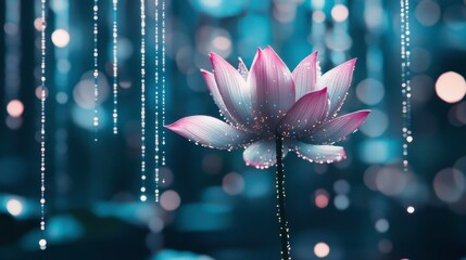 Poster - Colorful Lotus Flower With Binary Code and Pastel Lights in a Minimalist Digital Landscape