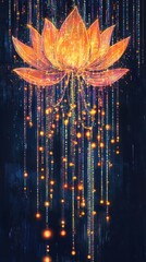 Poster - Lotus Flower Illuminated by Colorful Lights With Digital Binary Code Floating in the Air