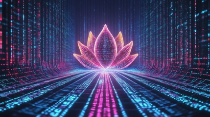 Poster - Vibrant Digital Lotus Surrounded by Flowing Binary Code and Colorful Neon Lights at Night