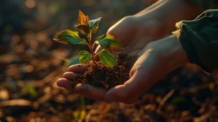 Hands Planting a Young Sapling in Rich Soil Under Soft Light