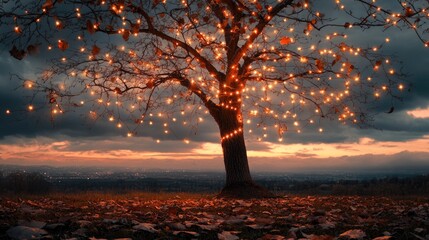 Canvas Print - Bare autumn tree with few remaining leaves, strung with warm glowing fairy lights