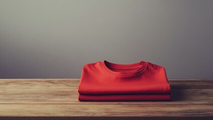 Red shirt folded on wooden table.