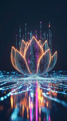Poster - Colorful Neon Lotus Surrounded by Vibrant Digital Binary Code in a Minimalist Aesthetic Setting