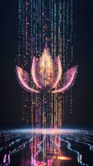 Poster - Colorful Neon Lotus Surrounded by Flowing Digital Binary Code in Minimalist Design