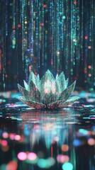 Poster - Digital Lotus With Flowing Neon Lights and Binary Code in a Minimalist Setting at Night
