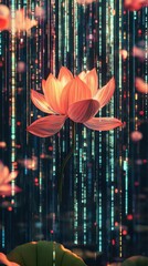 Poster - Vibrant Lotus Flower Amidst Flowing Digital Binary Lights in a Minimalist Setting